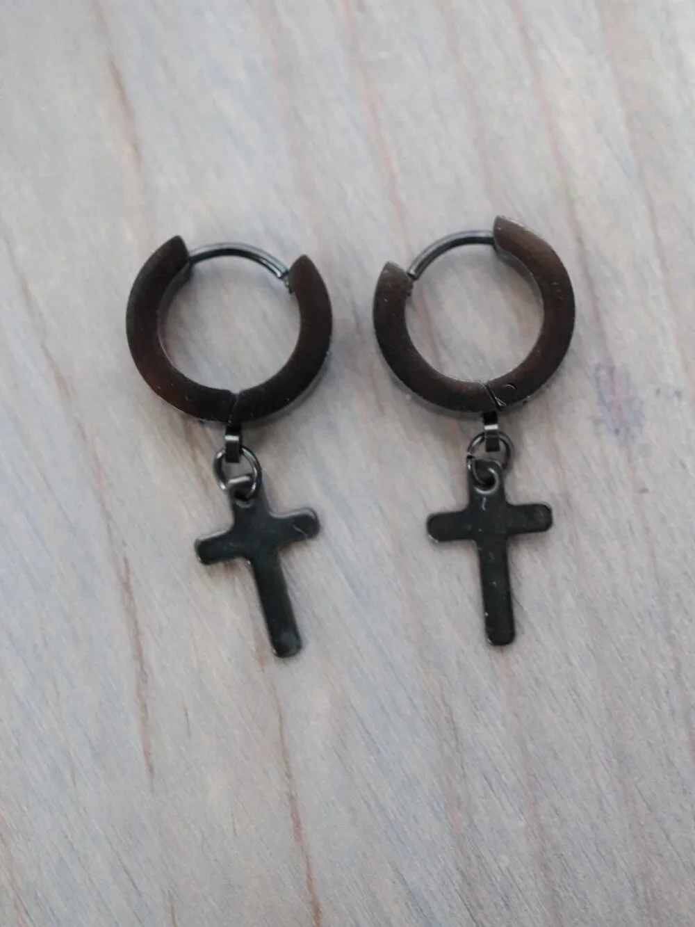 10mm Cross Charm Huggie Dangling Earrings Black Stainless Steel